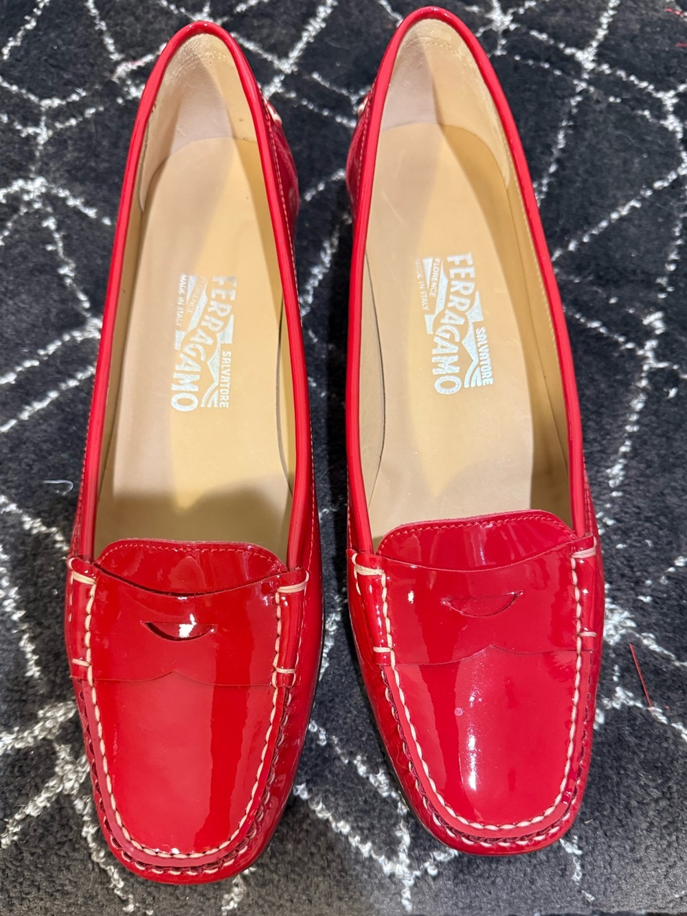 Salvatore Ferragamo Red Patent Leather Moccasin Block Heel Loafers - Picture 8 of 11